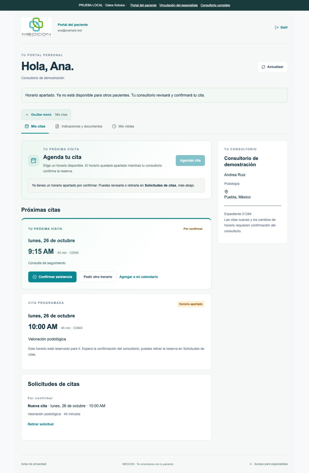 Horario reservado, pendiente del consultorio