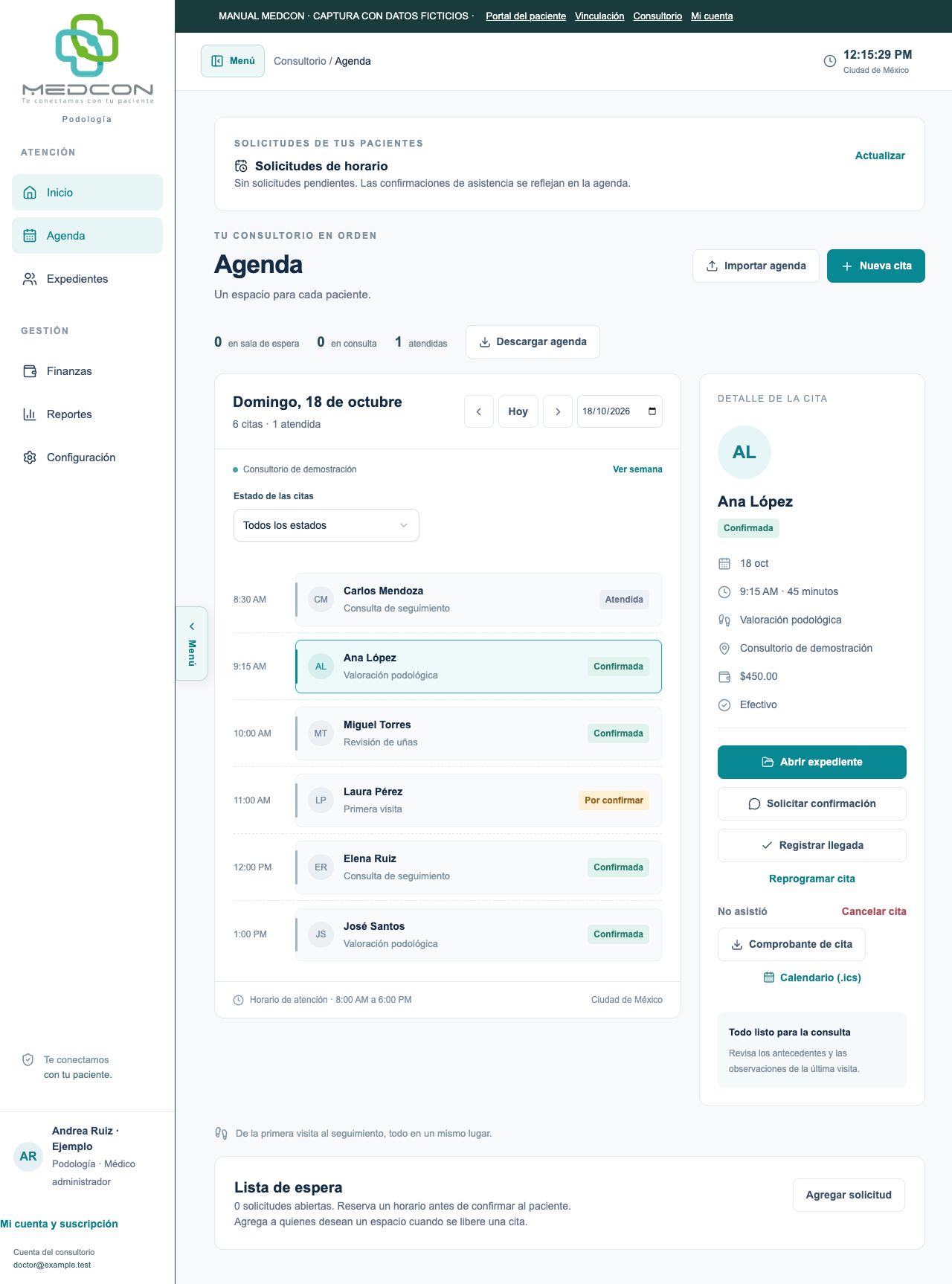 Agenda y detalle de la cita